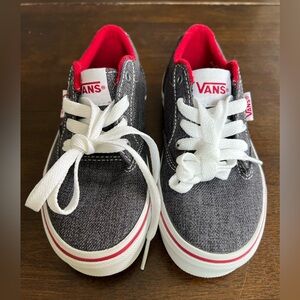 Children’s Vans sneakers. Charcoal denim with red accents, youth size 12.0.